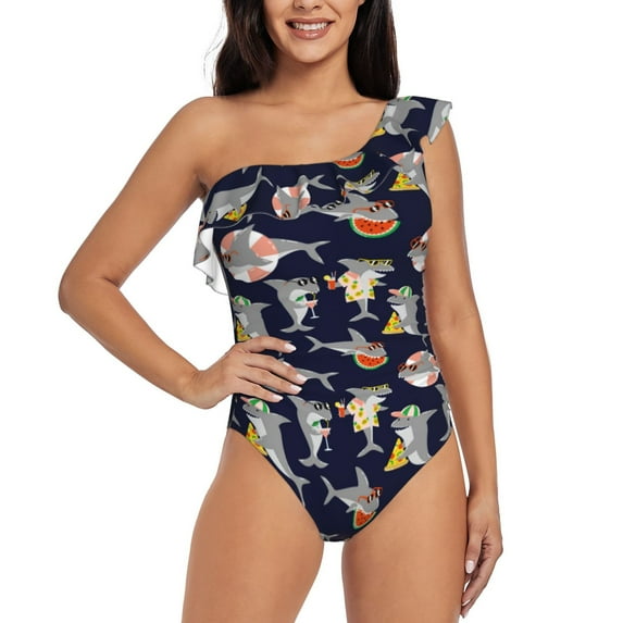 Gukieu Sharks In Sunglasses Print One-shoulder Ruffled One-piece Swimsuit with Removable Chest Pads and Tummy-control Swimsuit for Women-Medium