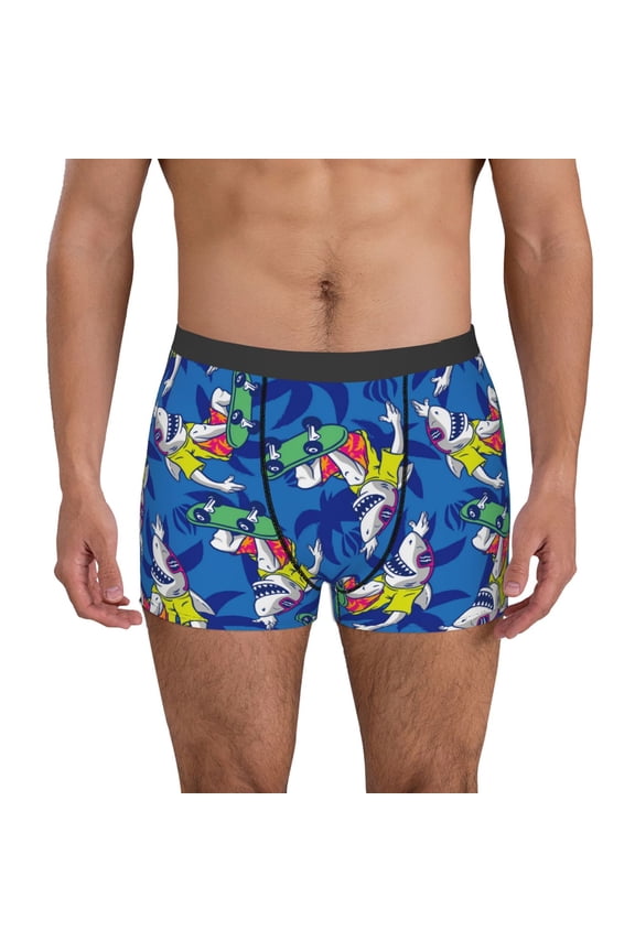 Sharks Skateboarding With Palm Print Men's Boxer Briefs, High Elastic Moisture Wicking Boxer Briefs Underwear-Medium