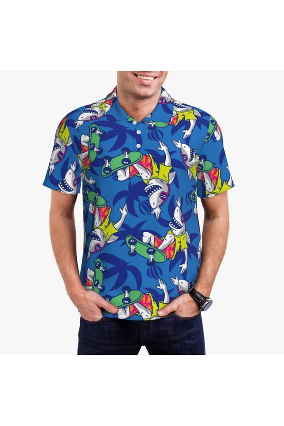 Sharks Skateboarding With Palm Print Men's Quick-drying POLO Shirt, Button-down Summer T-shirt, Suitable for Work and Outdoor Activities-4X-Large