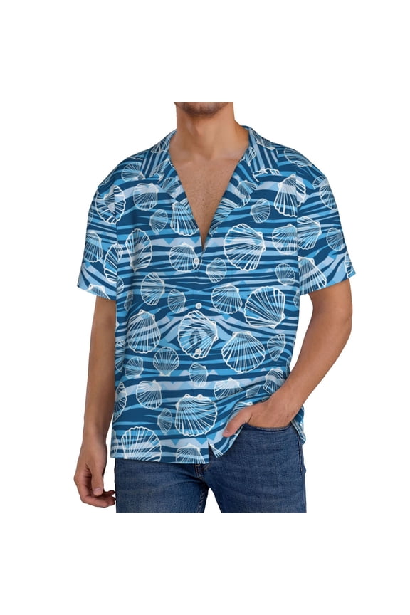 Shell Print Men's Short-sleeved Shirts, Button-down Pocket Shirts, T-shirts, Beach Vacation Travel Summer Clothing-Large