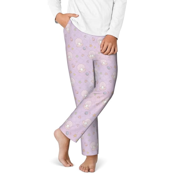 Gukieu Shells Pearl Print Youth Home Trousers, Elastic Waistband with Pockets for Home and Outing, Suitable for Children Aged 5-16-Large