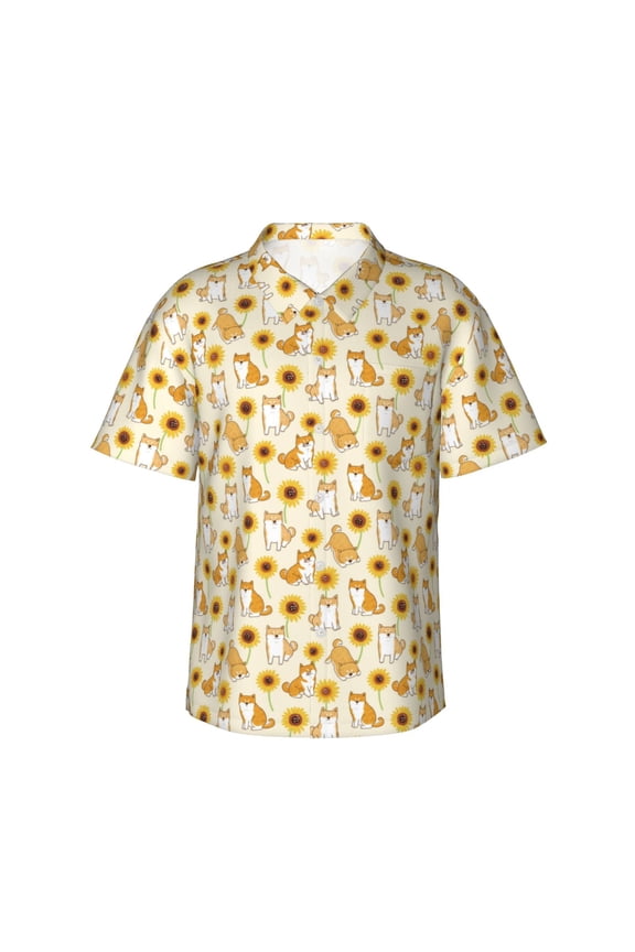 Shiba Inu Sunflower Print Men's Short-sleeved Shirts, Button-down Lapel Hawaiian Shirts, T-shirts, Beach Vacation Summer Casual Wear,