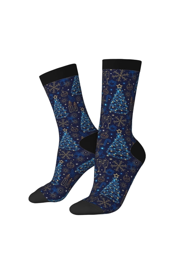 Shining Christmas Tree Print Contrast Color Mid-calf Socks, Sweat-wicking Athletic Socks, Unisex Clothing Accessories