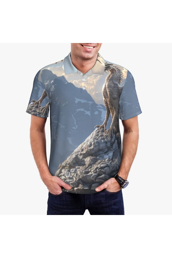 Silver Dragon Mountain Peaks Print Men's Quick-drying POLO Shirt, Button-down Summer T-shirt, Suitable for Work and Outdoor Activities-XX-Large
