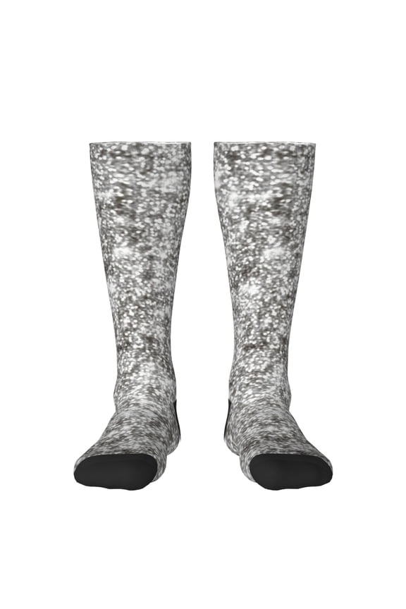 Silver Glitter Print Contrast Color Stockings, Elastic Sports Socks Warm Socks Clothing Accessories, Adult Unisex