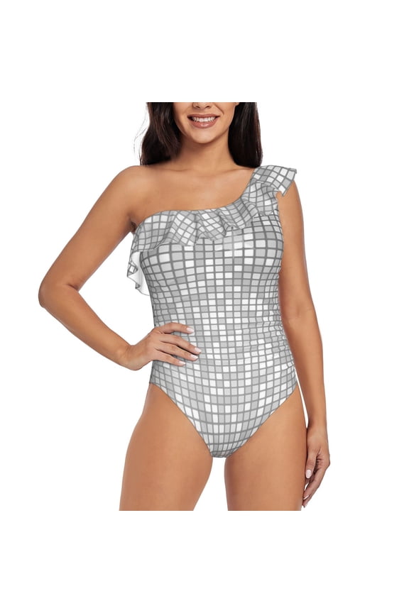 Silver Mosaic Print One-shoulder Ruffled One-piece Swimsuit with Removable Chest Pads and Tummy-control Swimsuit for Women-Medium