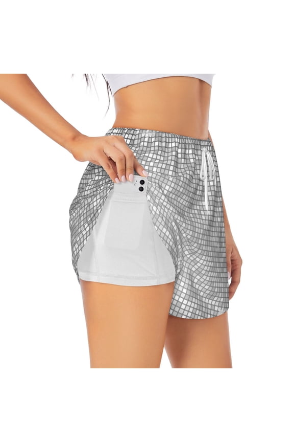 Silver Mosaic Print Women's Sports Shorts with Drawstring Elastic Waistband for Running, Yoga, Fitness-Small