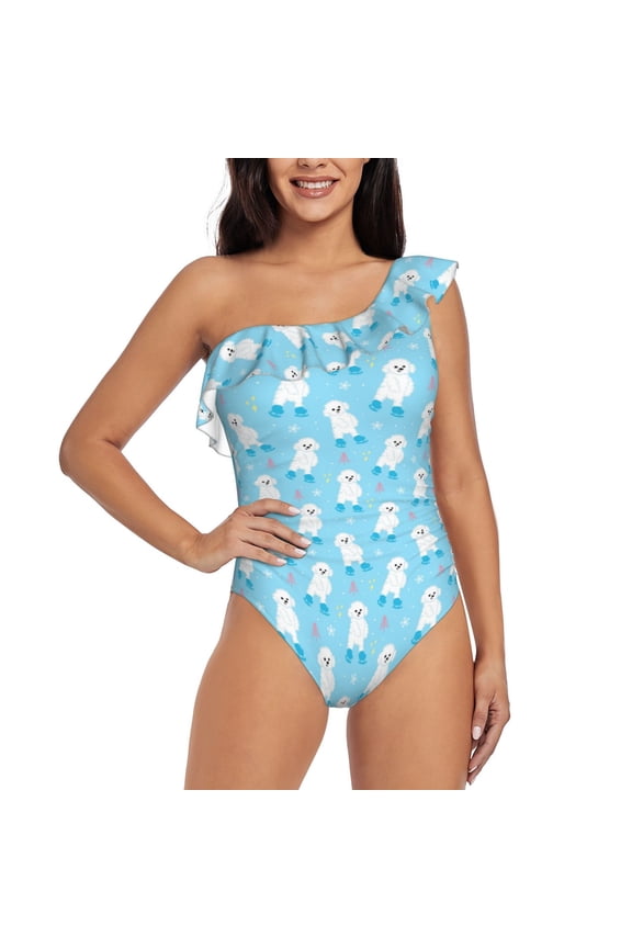 Skating Poodle Fun Print One-shoulder Ruffled One-piece Swimsuit with Removable Chest Pads and Tummy-control Swimsuit for Women-Medium