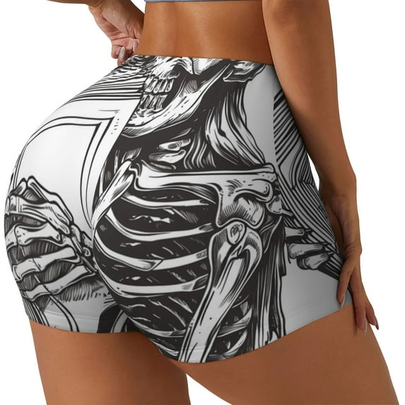Gukieu Skeleton Book Lover Print Women's Sports Shorts, Elastic Waist High Stretch Running Yoga Gym Sweatpants-X-Large