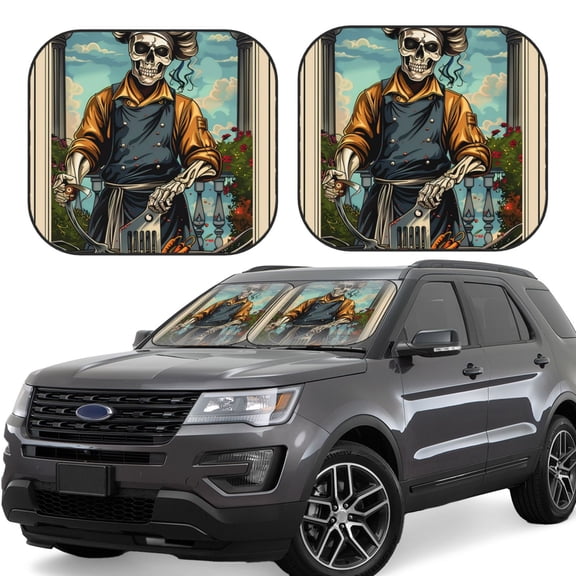 Gukieu Skeleton Chef BBQ Scene Print Car Windshield Sun Visor, Foldable Anti-UV Car Sun Visor Suitable for Vans, Trucks Car Accessories-Large