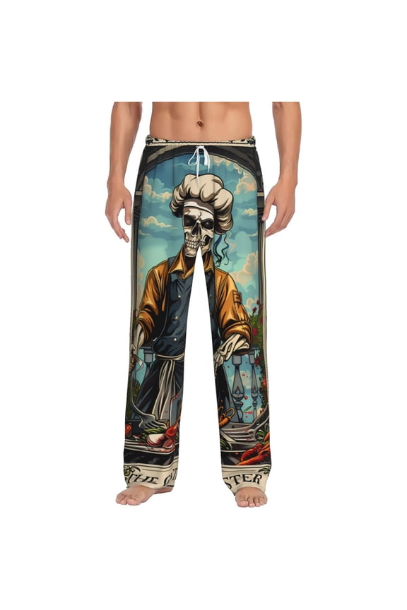 Skeleton Chef BBQ Scene Print Men's Home Trousers, Elastic Drawstring Home Pajamas Clothing Suitable for Adult Men-Large