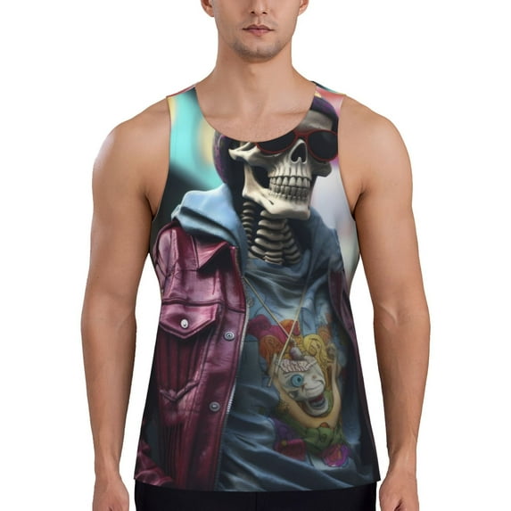 Gukieu Skeleton Cool Street Fashion Print Men's Quick Dry Fitness Vest, Round Neck Sleeveless Fitness Bodybuilding Top-3X-Large