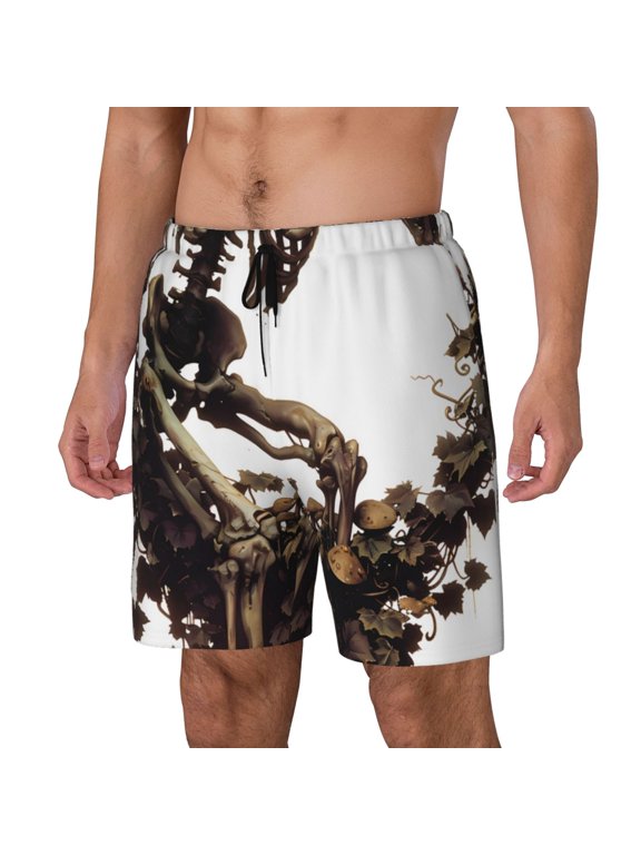 Skeleton Dance with Mushrooms Print Men's Double Layer Sports Swim Trunks, Quick Dry Adjustable Waist Swim Shorts Swimwear-3X-Large