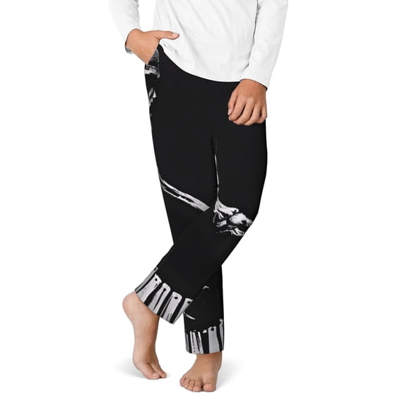 Gukieu Skeleton Playing Xylophone Print Youth Home Trousers, Elastic Waistband with Pockets for Home and Outing, Suitable for Children Aged 5-16-XS(5-6)