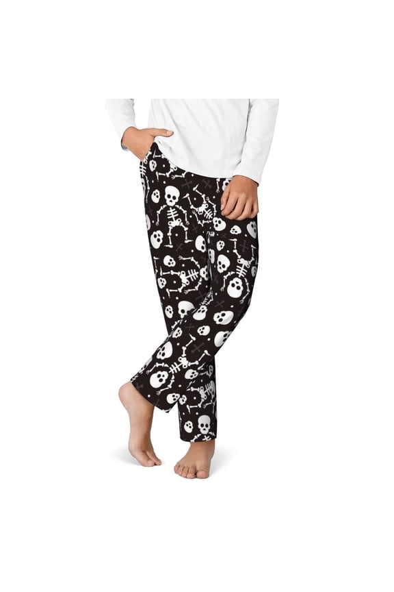 Skeleton Print Youth Home Trousers, Elastic Waistband with Pockets for Home and Outing, Suitable for Children Aged 5-16-XS(5-6)
