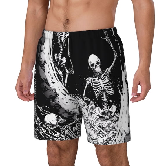 Gukieu Skeleton Wave Artwork Print Men's Double Layer Sports Swim Trunks, Quick Dry Adjustable Waist Swim Shorts Swimwear-X-Large
