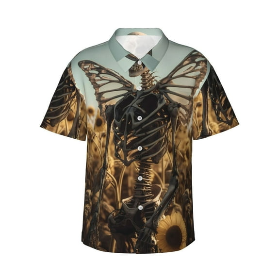 Gukieu Skull Butterfly Sunflower Print Men's Short-sleeved Shirts, Button-down Lapel Hawaiian Shirts, T-shirts, Beach Vacation Summer Casual Wear,3X-Large
