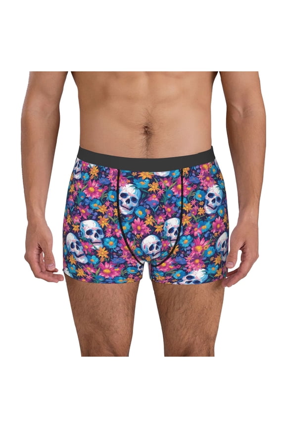 Skull Daisy Print Men's Boxer Briefs, High Elastic Moisture Wicking Boxer Briefs Underwear-Large