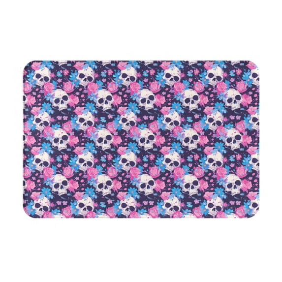 Gukieu Skull Flower Blue Print Dust-proof Floor Mats, Water-absorbent and Non-slip Flannel Door Mats 16x24in, Home Decoration Suitable for Kitchen, Bathroom, Garage