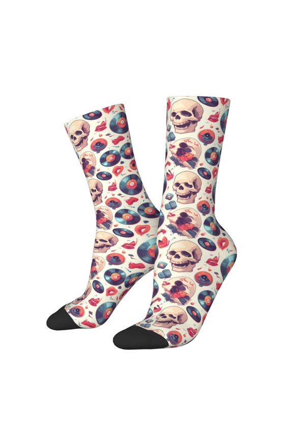 Skull Guitar record lips Print Contrast Color Mid-calf Socks, Sweat-wicking Athletic Socks, Unisex Clothing Accessories