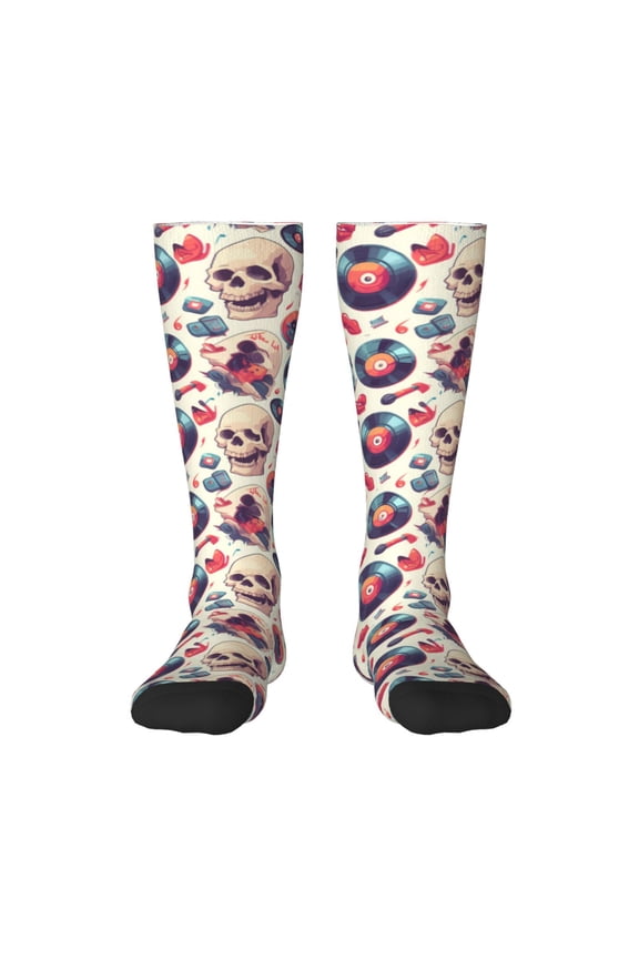 Skull Guitar record lips Print Contrast Color Stockings, Elastic Sports Socks Warm Socks Clothing Accessories, Adult Unisex