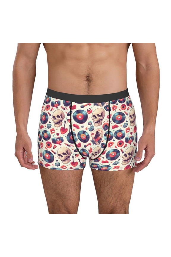 Skull Guitar record lips Print Men's Boxer Briefs, High Elastic Moisture Wicking Boxer Briefs Underwear-Small