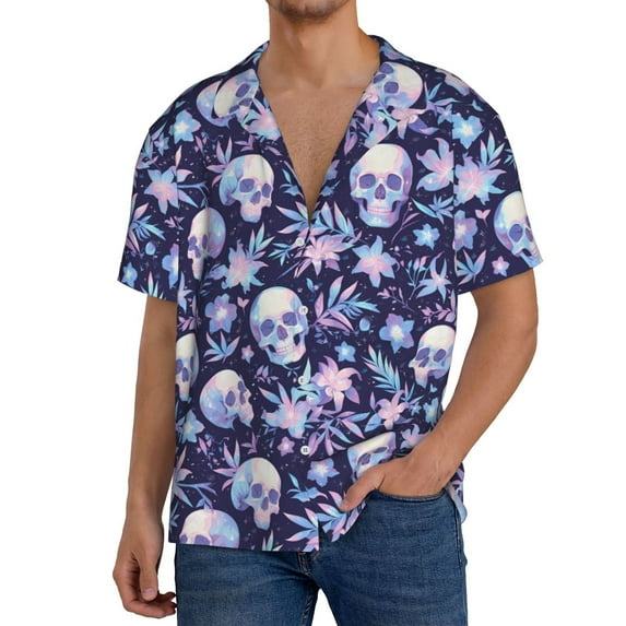 Gukieu Skull Print Men's Short-sleeved Shirts, Button-down Pocket Shirts, T-shirts, Beach Vacation Travel Summer Clothing-XX-Large