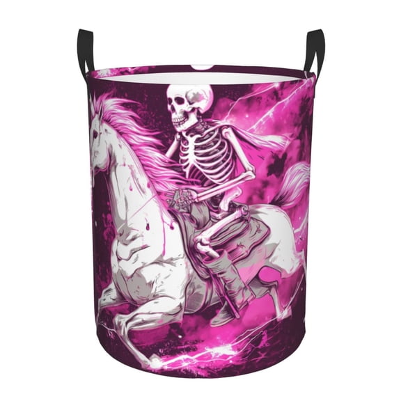 Gukieu Skull White Horse Print Round Dirty Clothes Bag, Waterproof Standing Home Bathroom Storage Basket Car Trunk Storage Bag-Small