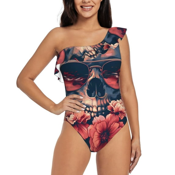 Gukieu Skull With Roses And Sunglasses Print One-shoulder Ruffled One-piece Swimsuit with Removable Chest Pads and Tummy-control Swimsuit for Women-XX-Large