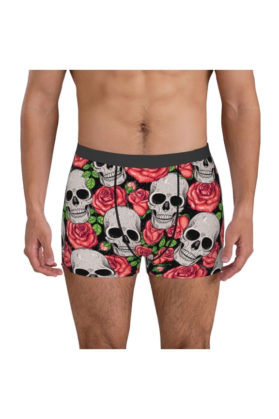 Skull and Roses Print Men's Boxer Briefs, High Elastic Moisture Wicking Boxer Briefs Underwear-X-Large