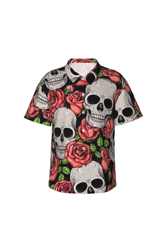Skull and Roses Print Men's Short-sleeved Shirts, Button-down Lapel Hawaiian Shirts, T-shirts, Beach Vacation Summer Casual Wear,X-Large