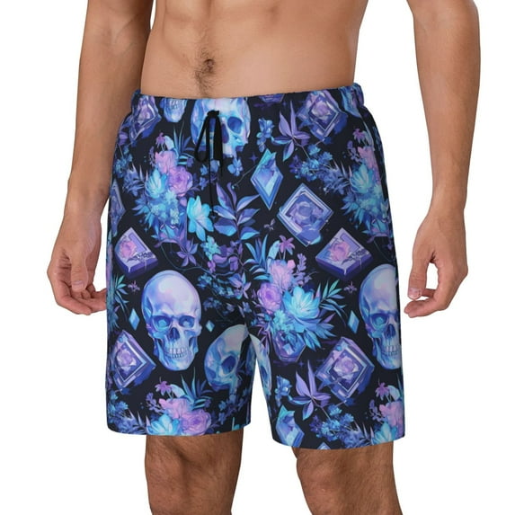 Gukieu Skull blue crystal flower Print Men's Double Layer Sports Swim Trunks, Quick Dry Adjustable Waist Swim Shorts Swimwear-XX-Large