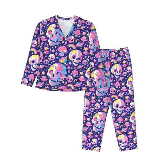 Gukieu Skull colorful mushroom Print Women's Long Sleeve Pajama Set, Button Top Elastic Pocket Pajama Pants Two Piece Set Home Wear-XX-Large