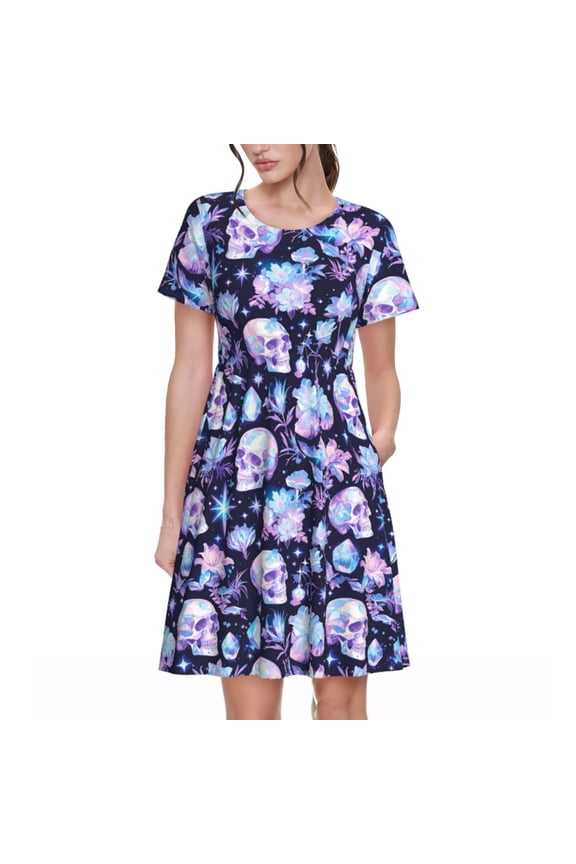Skull crystal flower Print Women's Short Sleeve Dress, Elastic Waistband A-line with Pockets Summer Dress, Suitable for Daily Leisure, Work, Vacation