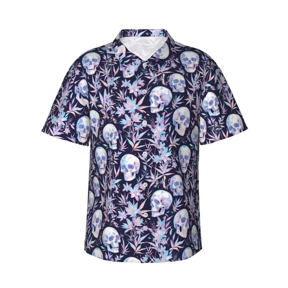 Gukieu Skull flower crystal Print Men's Short-sleeved Shirts, Button-down Lapel Hawaiian Shirts, T-shirts, Beach Vacation Summer Casual Wear,Large