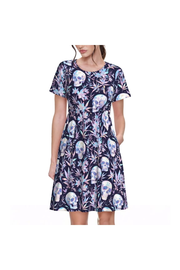 Skull flower crystal Print Women's Short Sleeve Dress, Elastic Waistband A-line with Pockets Summer Dress, Suitable for Daily Leisure, Work, Vacation