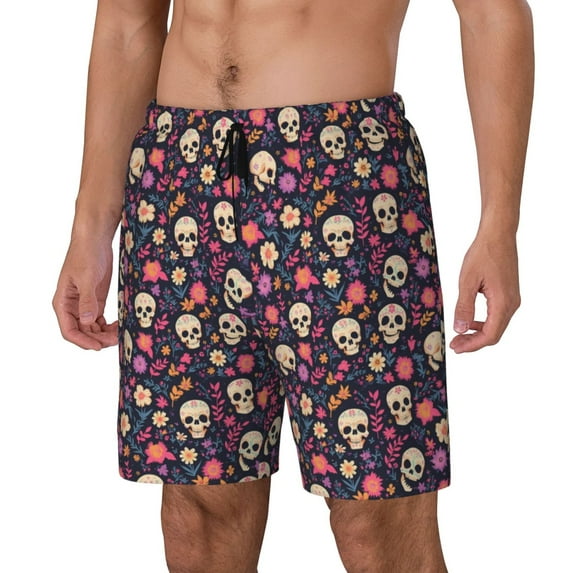 Gukieu Skull flower leaf colorful Print Men's Double Layer Sports Swim Trunks, Quick Dry Adjustable Waist Swim Shorts Swimwear-3X-Large
