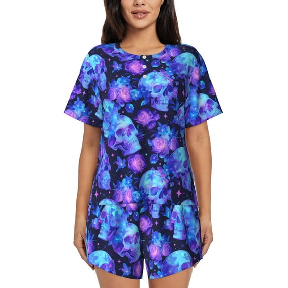 Gukieu Skull flower star sky Print Women's Short-sleeved Pajama Set, Round Neck Button Top Elastic Shorts 2-piece Set, Summer Home Leisure Clothing-Large