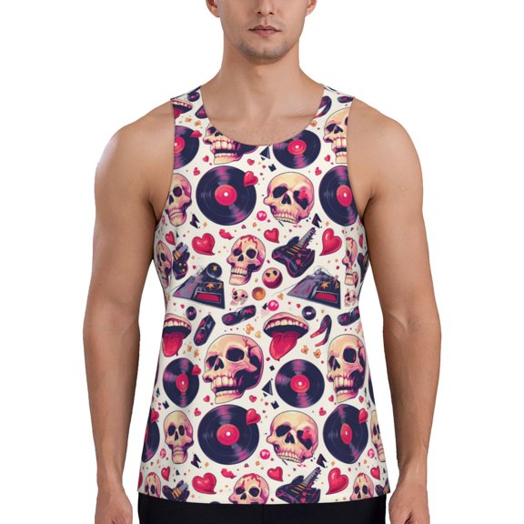 Gukieu Skull lips record Guitar Print Men's Quick Dry Fitness Vest, Round Neck Sleeveless Fitness Bodybuilding Top-Medium