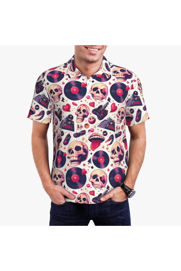 Skull lips record Guitar Print Men's Quick-drying POLO Shirt, Button-down Summer T-shirt, Suitable for Work and Outdoor Activities-Small