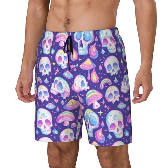 Gukieu Skull mushroom colorful Print Men's Double Layer Sports Swim Trunks, Quick Dry Adjustable Waist Swim Shorts Swimwear-XX-Large