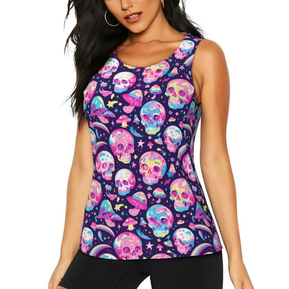Gukieu Skull mushroom colorful cute Print Women's Quick-drying Fitness Vest, Round Neck Sleeveless Fitness T-shirt, Suitable for Yoga, Sports-X-Large