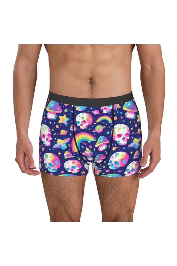 Skull mushroom rainbow space Print Men's Boxer Briefs, High Elastic Moisture Wicking Boxer Briefs Underwear-Medium