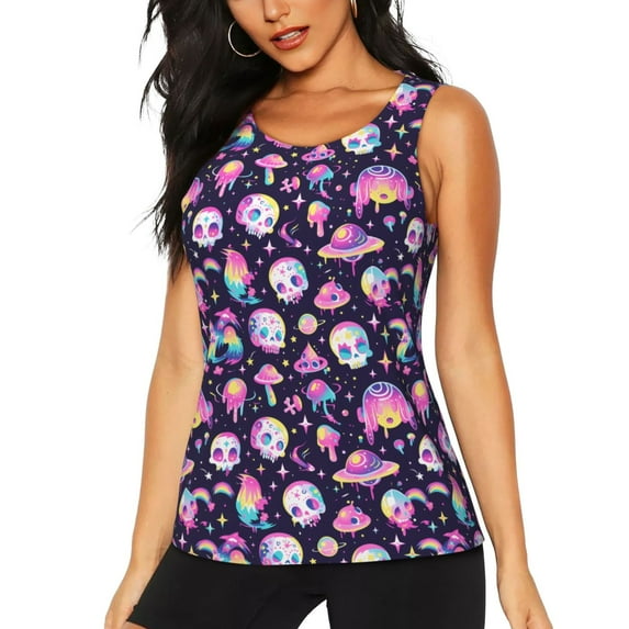 Gukieu Skull mushroom space Print Women's Quick-drying Fitness Vest, Round Neck Sleeveless Fitness T-shirt, Suitable for Yoga, Sports-Large