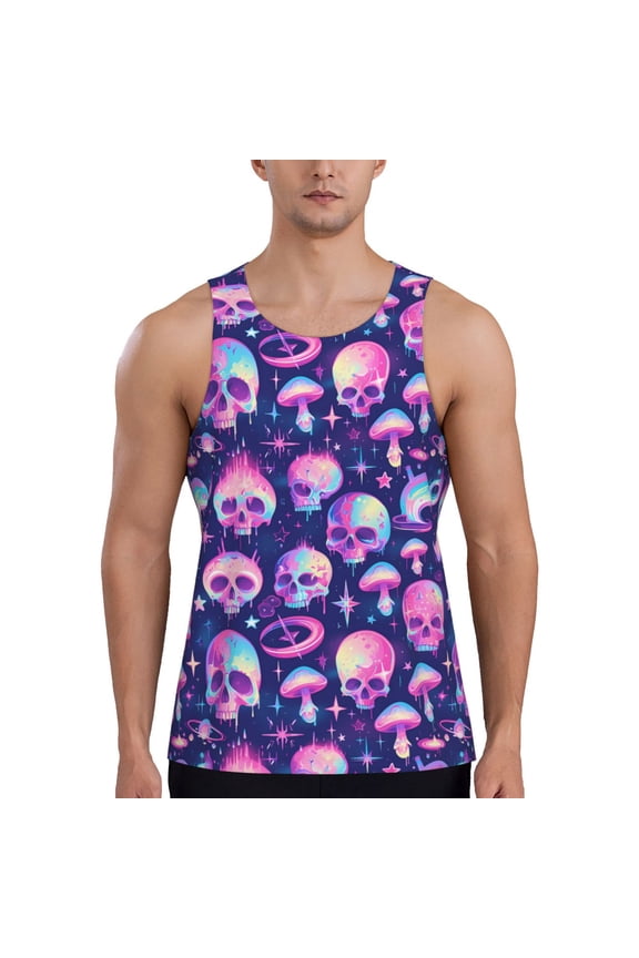 Skull rainbow color Print Men's Quick Dry Fitness Vest, Round Neck Sleeveless Fitness Bodybuilding Top-Medium