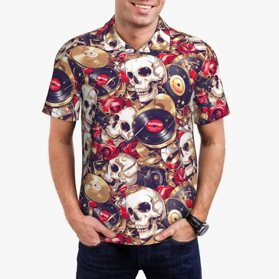 Gukieu Skull record artist Print Men's Quick-drying POLO Shirt, Button-down Summer T-shirt, Suitable for Work and Outdoor Activities-Small