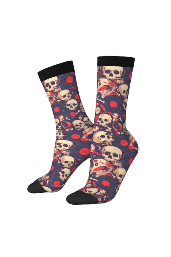 Skull rock music record Print Contrast Color Mid-calf Socks, Sweat-wicking Athletic Socks, Unisex Clothing Accessories