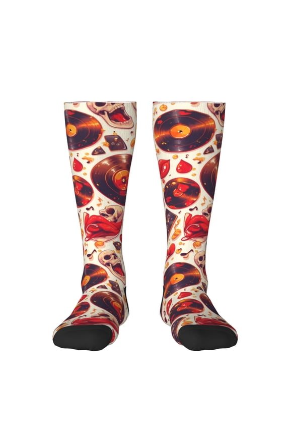 Skull rock record music heart Print Contrast Color Stockings, Elastic Sports Socks Warm Socks Clothing Accessories, Adult Unisex