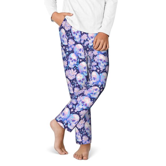 Gukieu Skull star crystal Print Youth Home Trousers, Elastic Waistband with Pockets for Home and Outing, Suitable for Children Aged 5-16-XS(5-6)