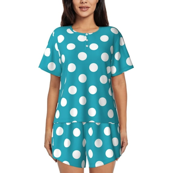 Gukieu Sky Blue And White Polka Dot Print Women's Short-sleeved Pajama Set, Round Neck Button Top Elastic Shorts 2-piece Set, Summer Home Leisure Clothing-Small